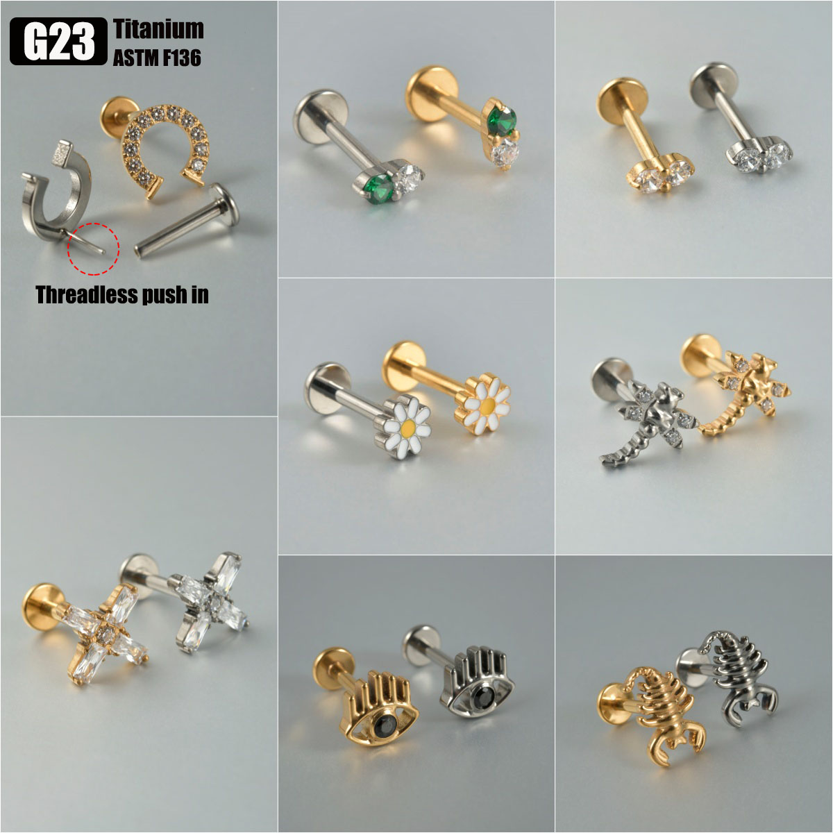 Body Jewelry Threadless - 1PC G23 tytanowy bezgwintowy Push In